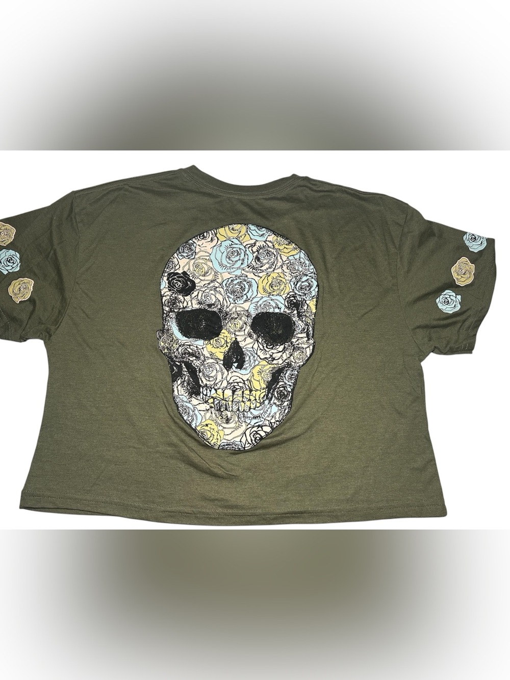 Weekend Warrior Olive Floral Skull Short Sleeve Top XL Punk Rock Goth Spooky